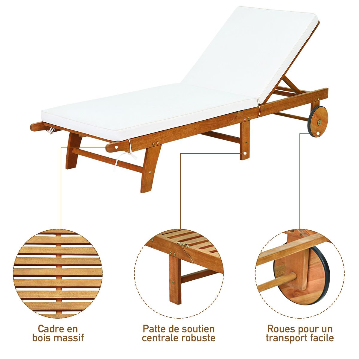 Chaise Longue Pliable en Bois avec 2 Roues et un Coussin Amovible Dossier Rglable Capacit Portante 160KG Idal pour L檈xtrieur -