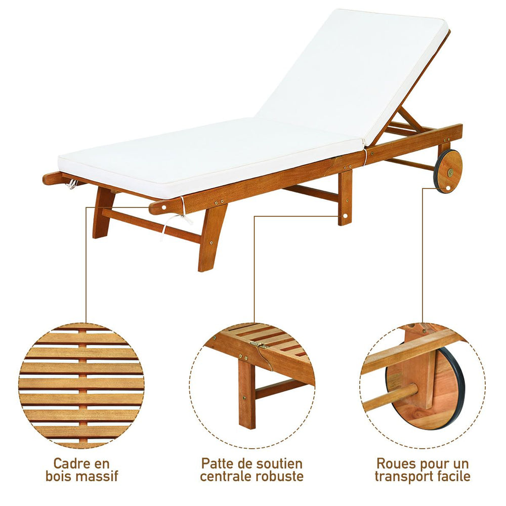 Chaise Longue Pliable en Bois avec 2 Roues et un Coussin Amovible Dossier Rglable Capacit Portante 160KG Idal pour L檈xtrieur -