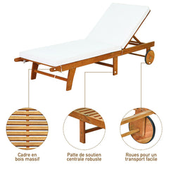 Chaise Longue Pliable en Bois avec 2 Roues et un Coussin Amovible Dossier Rglable Capacit Portante 160KG Idal pour L檈xtrieur -