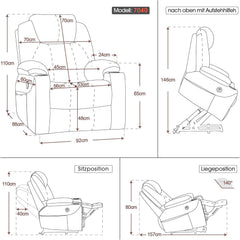 Aide à l'arrimage électrique MCombo, Fauteuil TV, Fauteuil Relaxant, Massage, Chauffage, Connexion USB réglable électriquement, Simili cuir, Noir