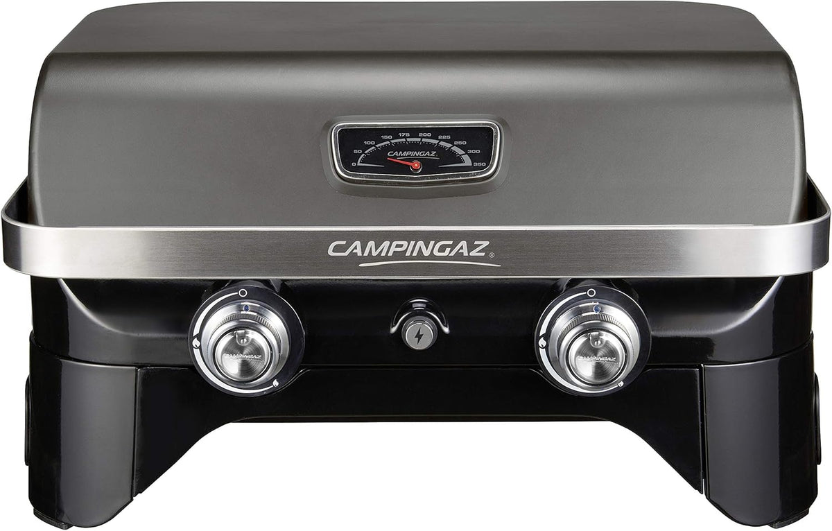 Attitude2go,Barbecue de Table  Faible fume,BBQ Portable, Couvercle,thermomtre,et Grille en Fonte,Alimentation : Cartouche de gaz CV 470 Plus,Gris