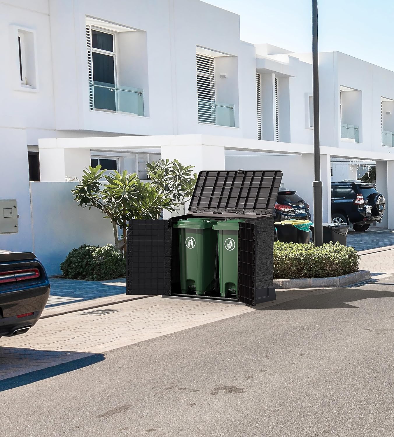 Duramax StoreAway 1200L Plastic Garden Shed/ Flat Lid,Outdoor Storage Shed,Wheelie Bin Hideaways,Wheelie bin box,Durable Construction,Ideal for Bikes,BBQs & 2x 240L Bins,145x85x125 cm,Brown