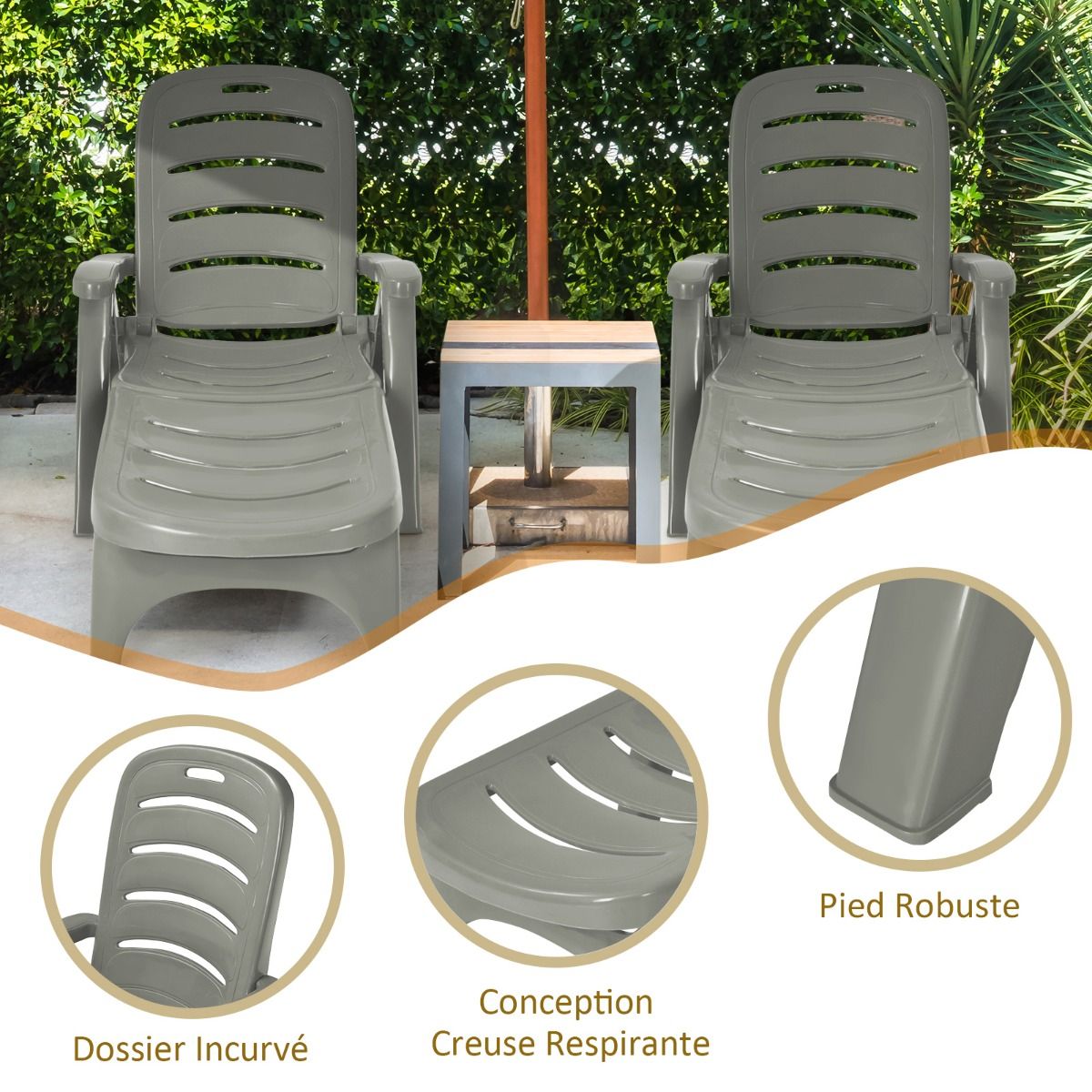 Chaise Longue Pliable Dossier Inclinable à 5 Positions avec Roues Intégrées pour Terrasse Jardin Piscine 150 kg Gris/Blanc/Bleu -