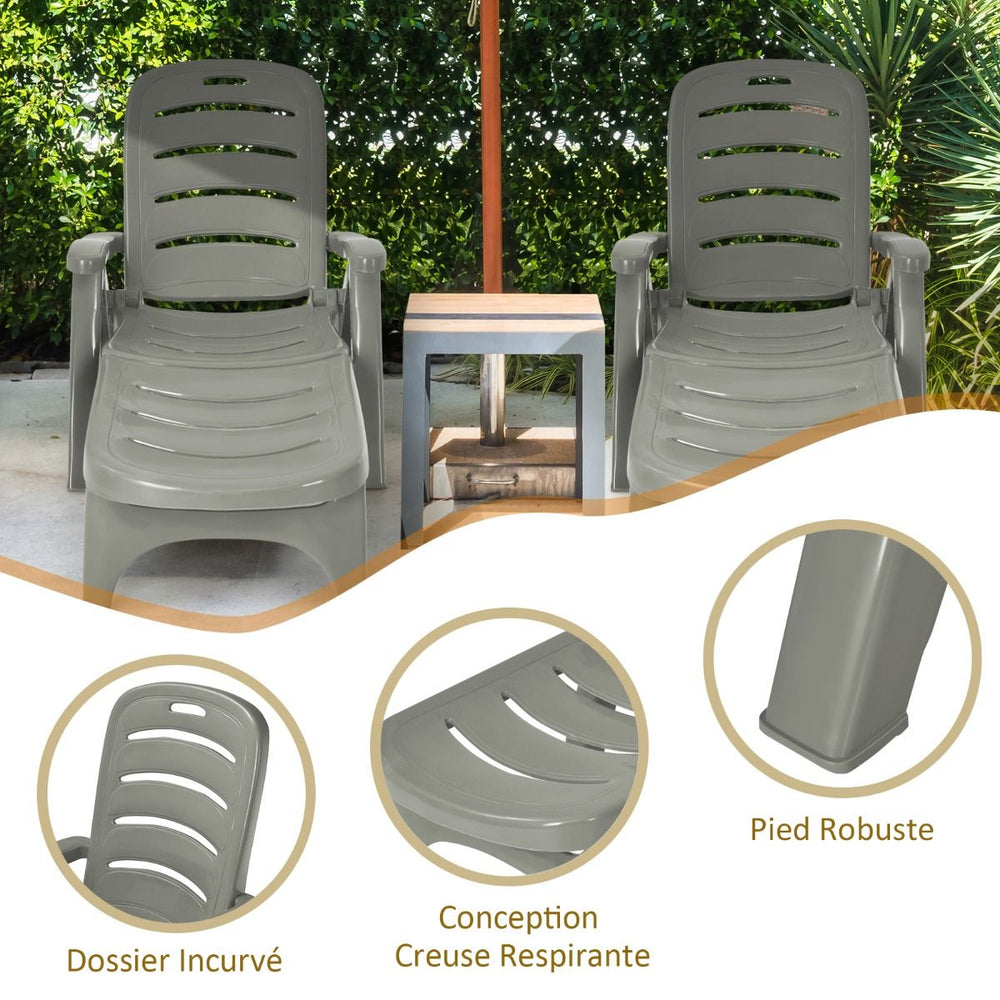 Chaise Longue Pliable Dossier Inclinable à 5 Positions avec Roues Intégrées pour Terrasse Jardin Piscine 150 kg Gris/Blanc/Bleu -