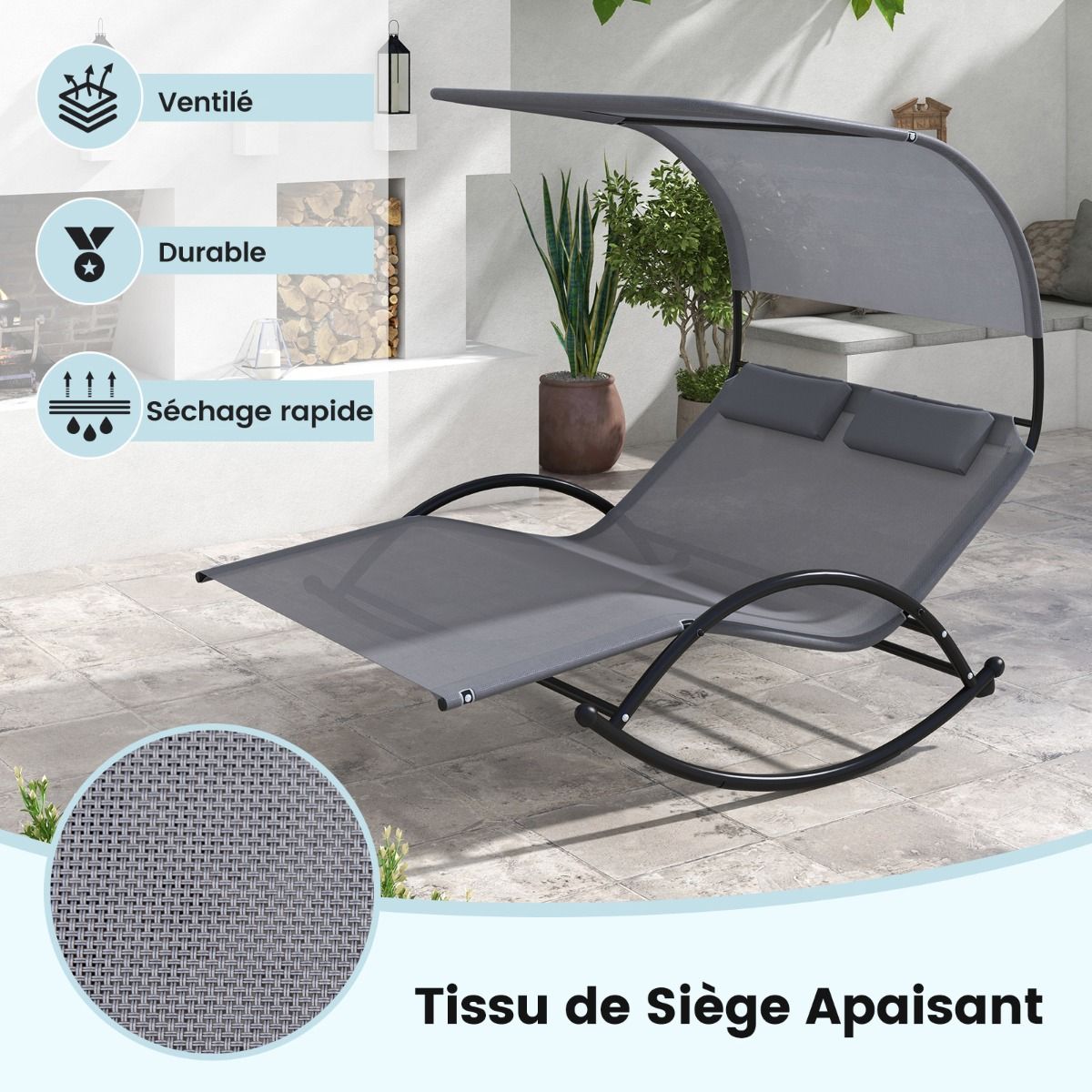 Chaise Longue Double Chaise à Bascule pour 2 Personnes 2 Appui-Têtes Amovibles Cadre en Métal Robuste Lit de Repos Ergonomique 2 Places Gris/Noir/Beige -