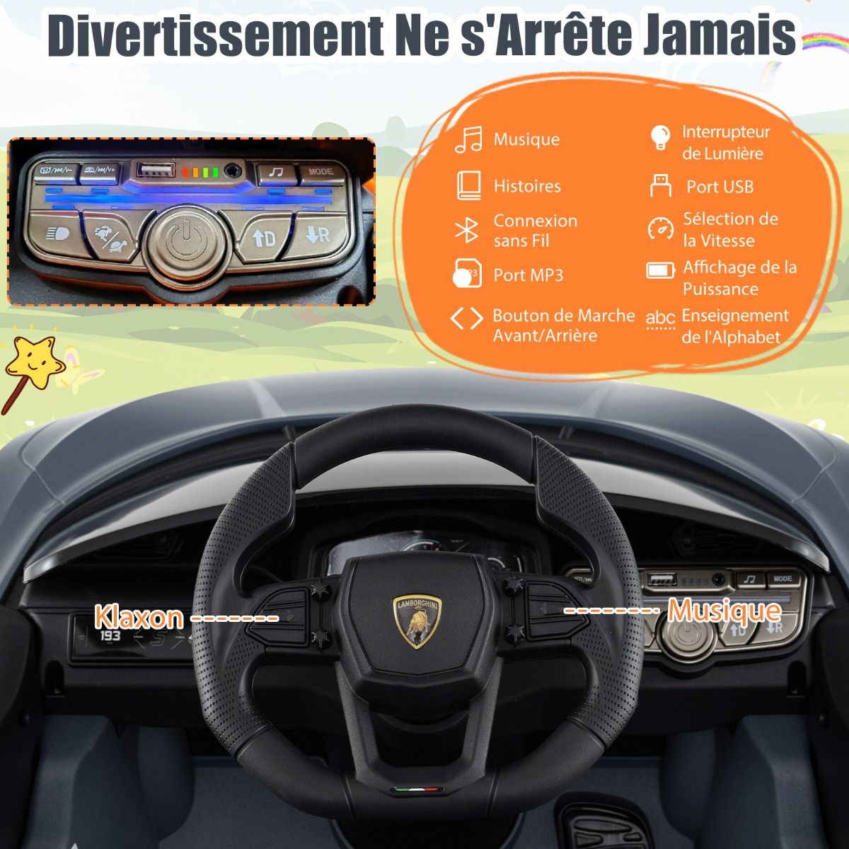 Voiture Electrique 12V pour Enfants Sous Licence Revuelto Télécommande Portes Hydrauliques pour 37-95 Mois Gris/Orange -