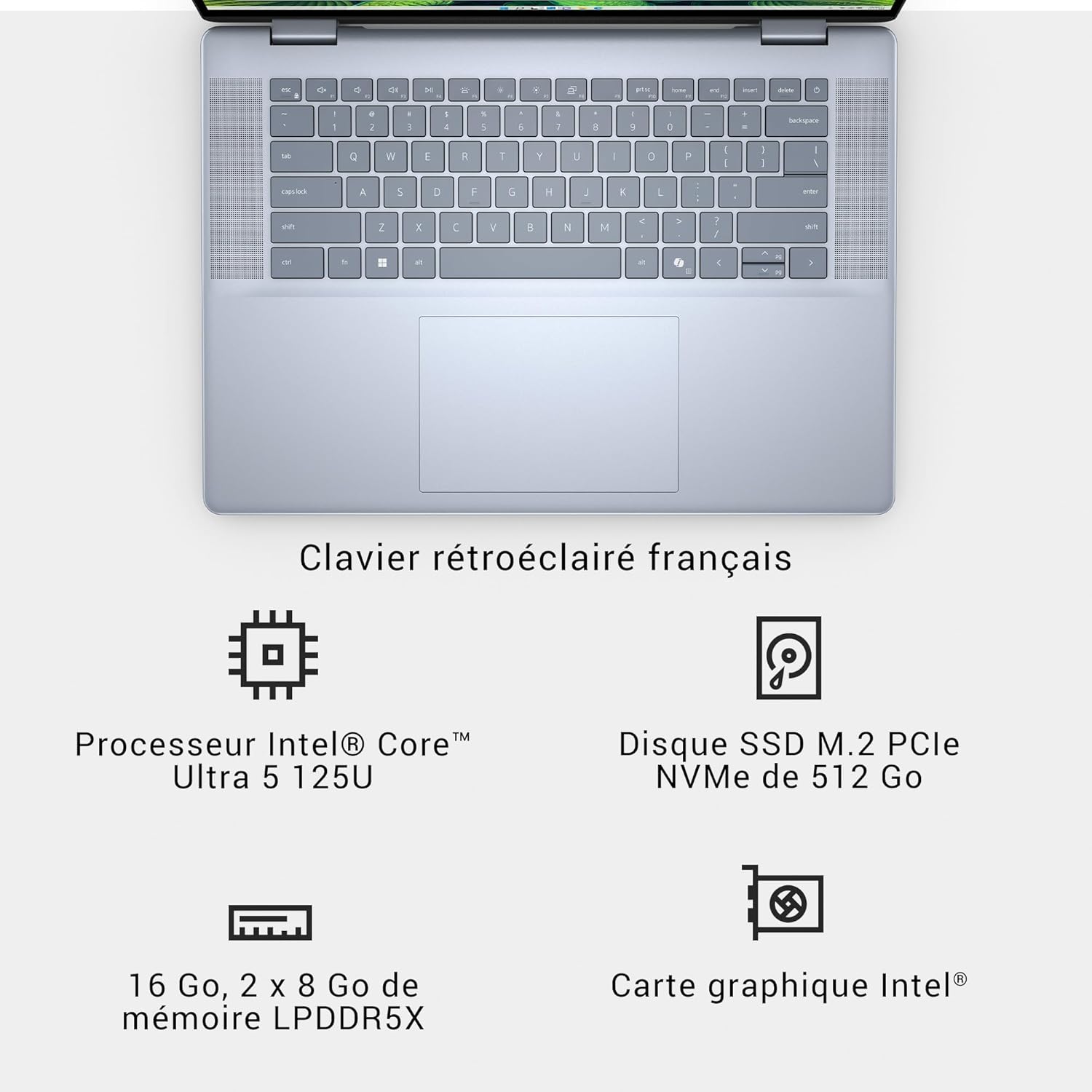 Dell Inspiron 16 PC Portable 2-en-1 écran 16" FHD+ (1920 x 1200) Intel Core Ultra 5 Series 1 Graphique Intel 16 Go RAM 512 Go SSD Windows 11 Home Clavier AZERTY rétroéclairé Bleu