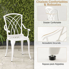 5 Pcs Salon de Jardin en Fonte d'Aluminium Trou pour Parasol Repose-pieds Réglables Ensemble de Table Ronde et 4 Chaises Blanc -