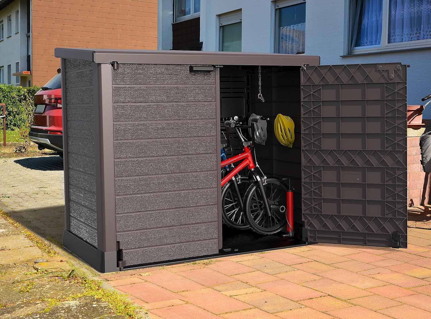 Duramax StoreAway 1200L Plastic Garden Shed/ Flat Lid,Outdoor Storage Shed,Wheelie Bin Hideaways,Wheelie bin box,Durable Construction,Ideal for Bikes,BBQs & 2x 240L Bins,145x85x125 cm,Brown