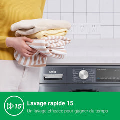 CHiQ Lave-linge CFL80-14586IM3XA, Chargement frontal 8 kg,Space Pro,Moteur Inverter stable, 1400 tr/min, Programme intelligent à IA, Fonction vapeur, Lavage rapide 15 minutes, 15 cycles lavage, Gris