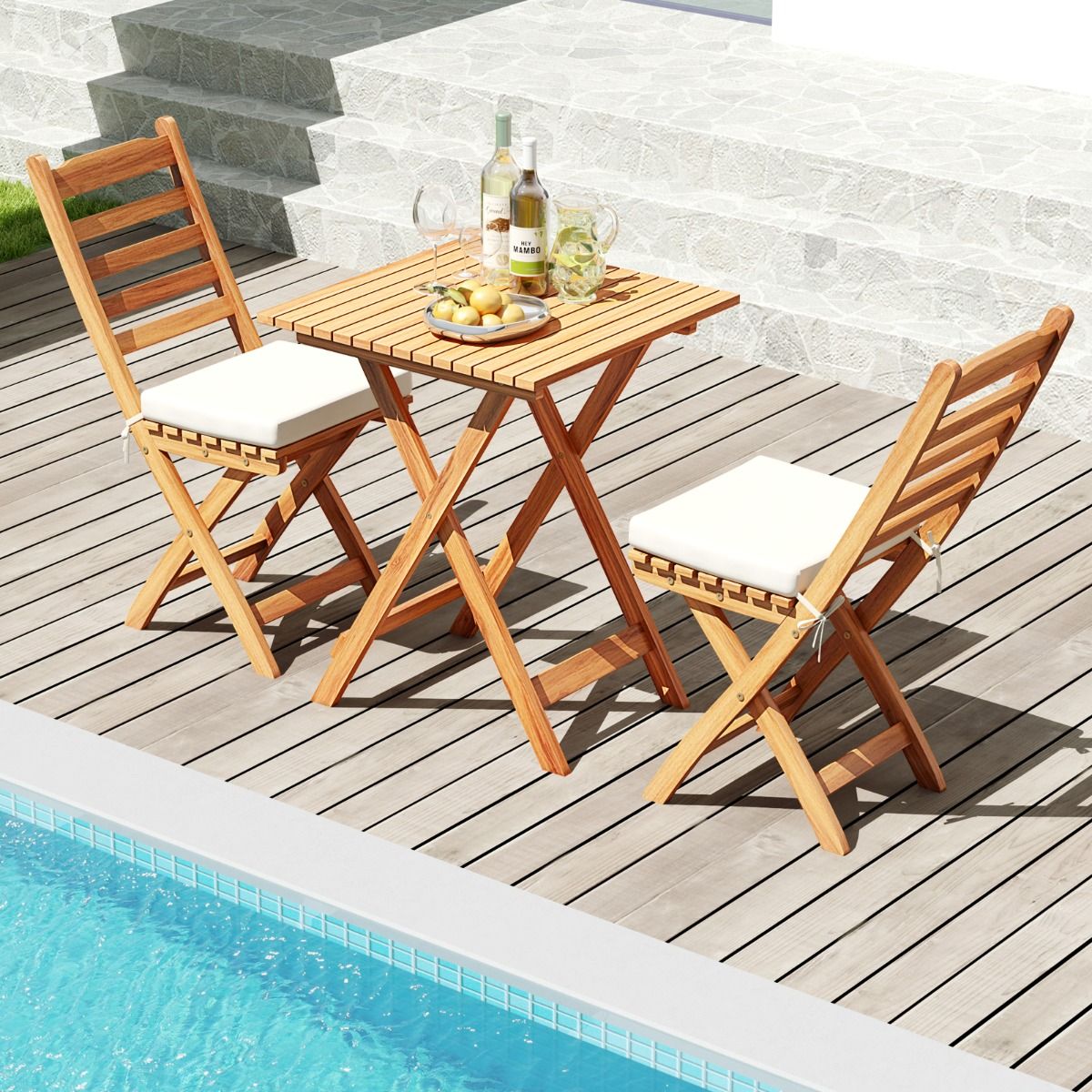 Ensemble Bistrot d'Extérieur en Bois d'Acacia Ensemble de Chaises Pliantes et Table Coussins de Siège Sans Accoudoirs à Dossier Haut Blanc -