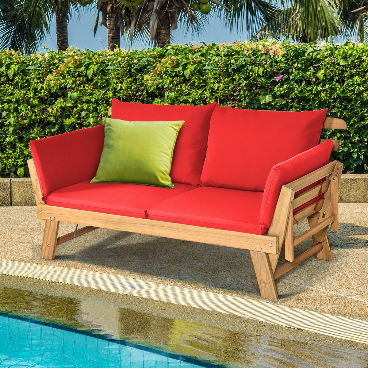 Chaise Longue Convertible avec Coussin Canapé de Jardin 2 en 1 en Bois d’Acacia avec Accoudoir Réglable pour Patio Piscine Jardin Blanc/Gris/Bleu/Rouge -