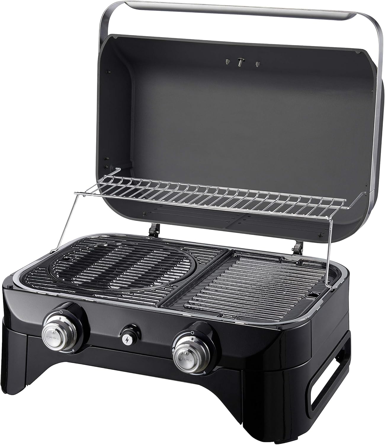 Attitude2go,Barbecue de Table  Faible fume,BBQ Portable, Couvercle,thermomtre,et Grille en Fonte,Alimentation : Cartouche de gaz CV 470 Plus,Gris