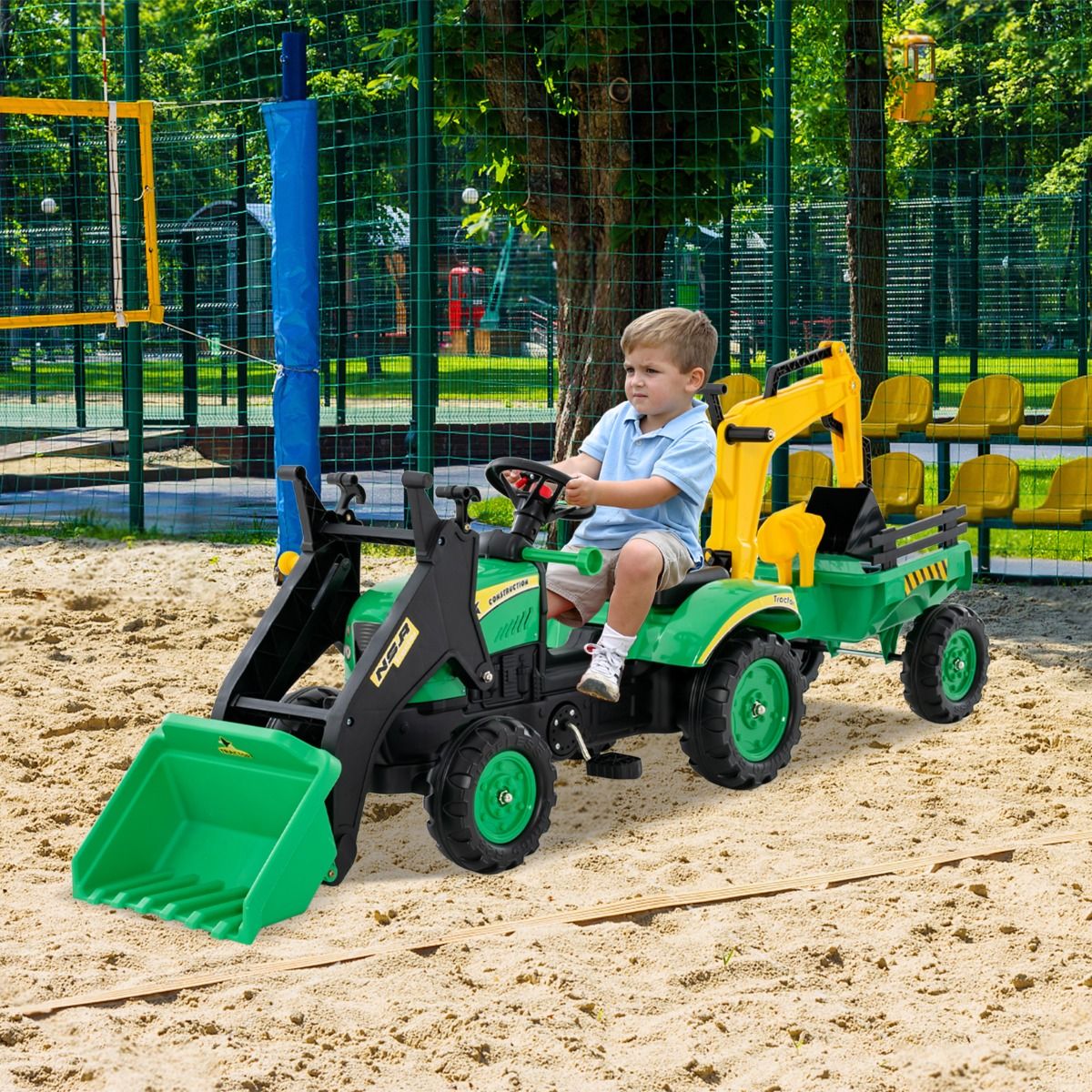3 en 1 Tracteur pour Enfant avec 6 Roues Jouet Pelle Remorque Amovible avec Volant Klaxon 3  6 Ans Jaune/Vert -