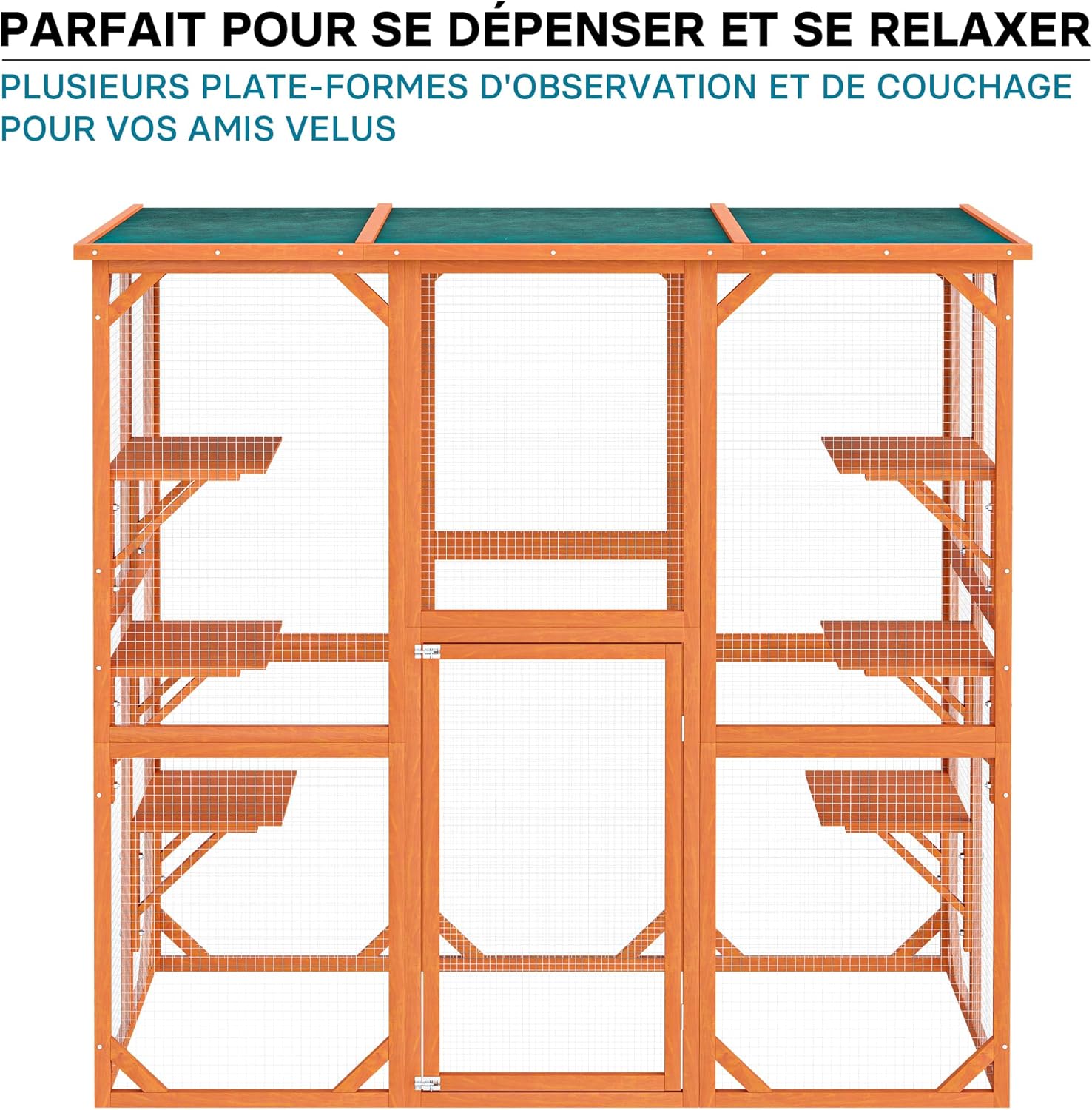 Wiltec Enclos extérieur – 168 x 82 x 166,5 cm – en Bois de Sapin et avec Grillage – Parc pour Chat résistant aux intempéries – avec 6 Zones de Repos – Félins