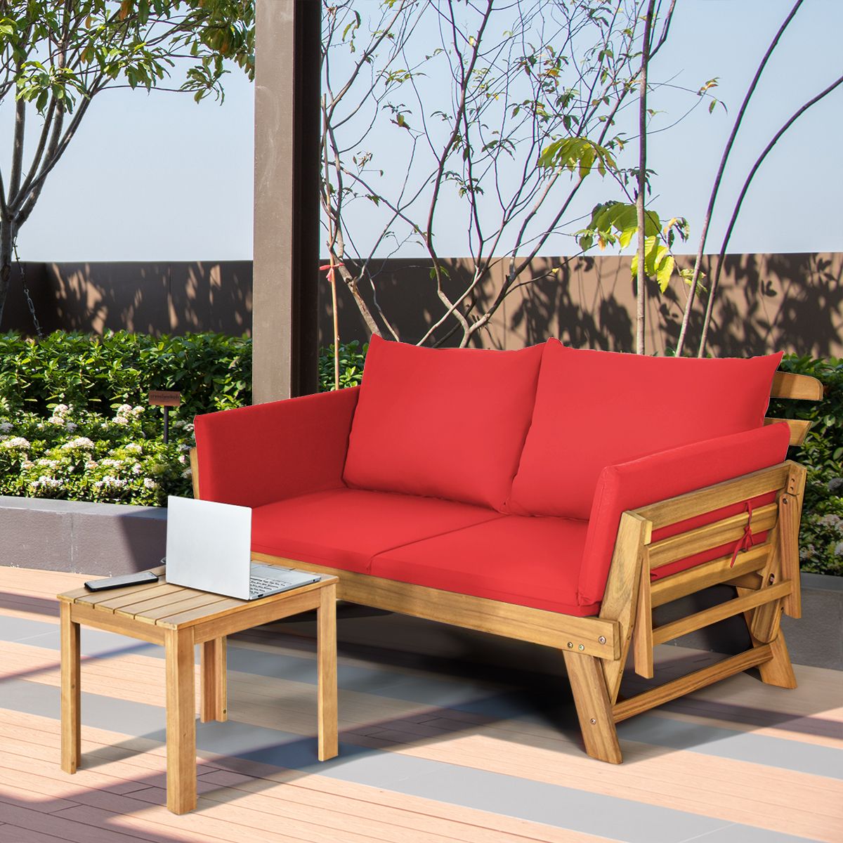 Chaise Longue Convertible avec Coussin Canapé de Jardin 2 en 1 en Bois d’Acacia avec Accoudoir Réglable pour Patio Piscine Jardin Blanc/Gris/Bleu/Rouge -
