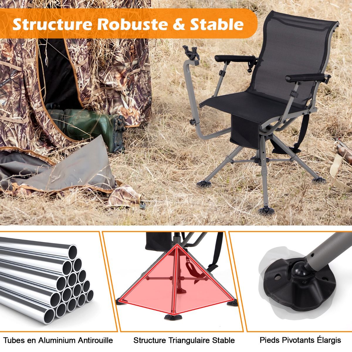 Chaise de Chasse Portable Chaise de Tir avec Siège de Pliable Réglables Rotation à 360° Support de Fusil Réglable Charge 150 kg Noir -