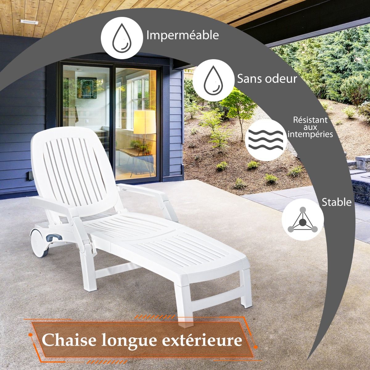 Chaise Longue Inclinable Réglable à 5 Positions avec Roues Flexibles Fauteuil Relax de Camping avec Boîte de Rangement Charge 150KG Blanc -