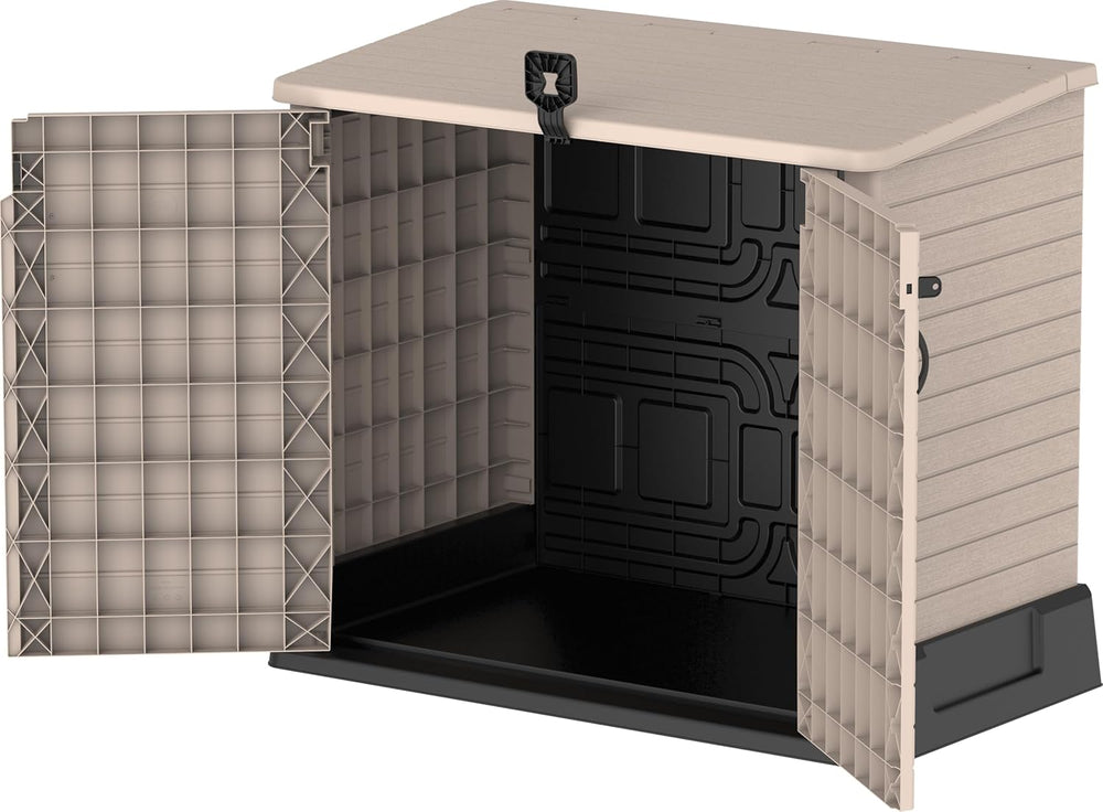 Duramax StoreAway 1200L Plastic Garden Shed/ Flat Lid,Outdoor Storage Shed,Wheelie Bin Hideaways,Wheelie bin box,Durable Construction,Ideal for Bikes,BBQs & 2x 240L Bins,145x85x125 cm,Brown