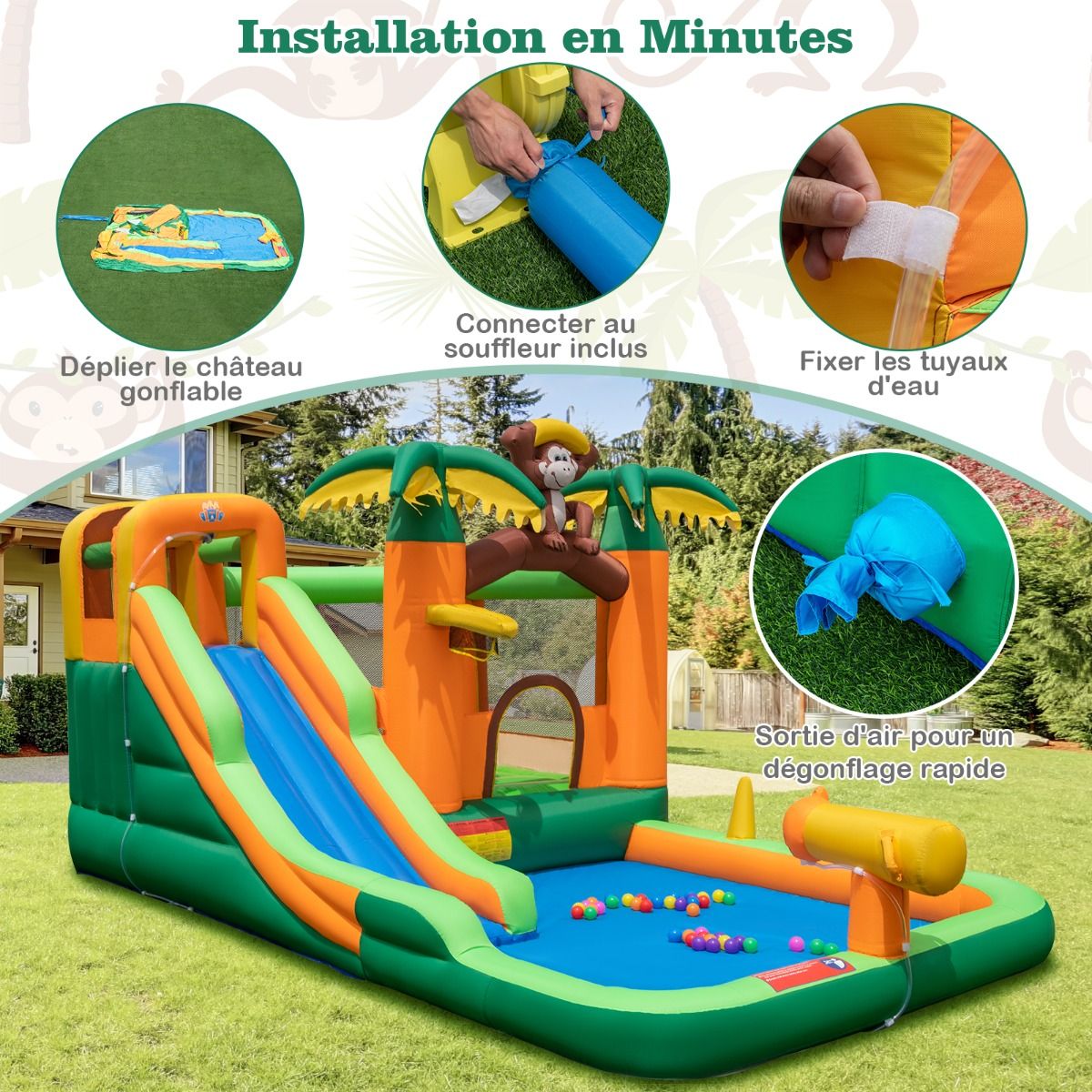 7 en 1 Château Gonflable Tropical à Thème Singe & Palmier avec Toboggan Aquatique avec Piscine & 50 Boules Charge 90kg pour 2 Enfants de 3-10 Ans -