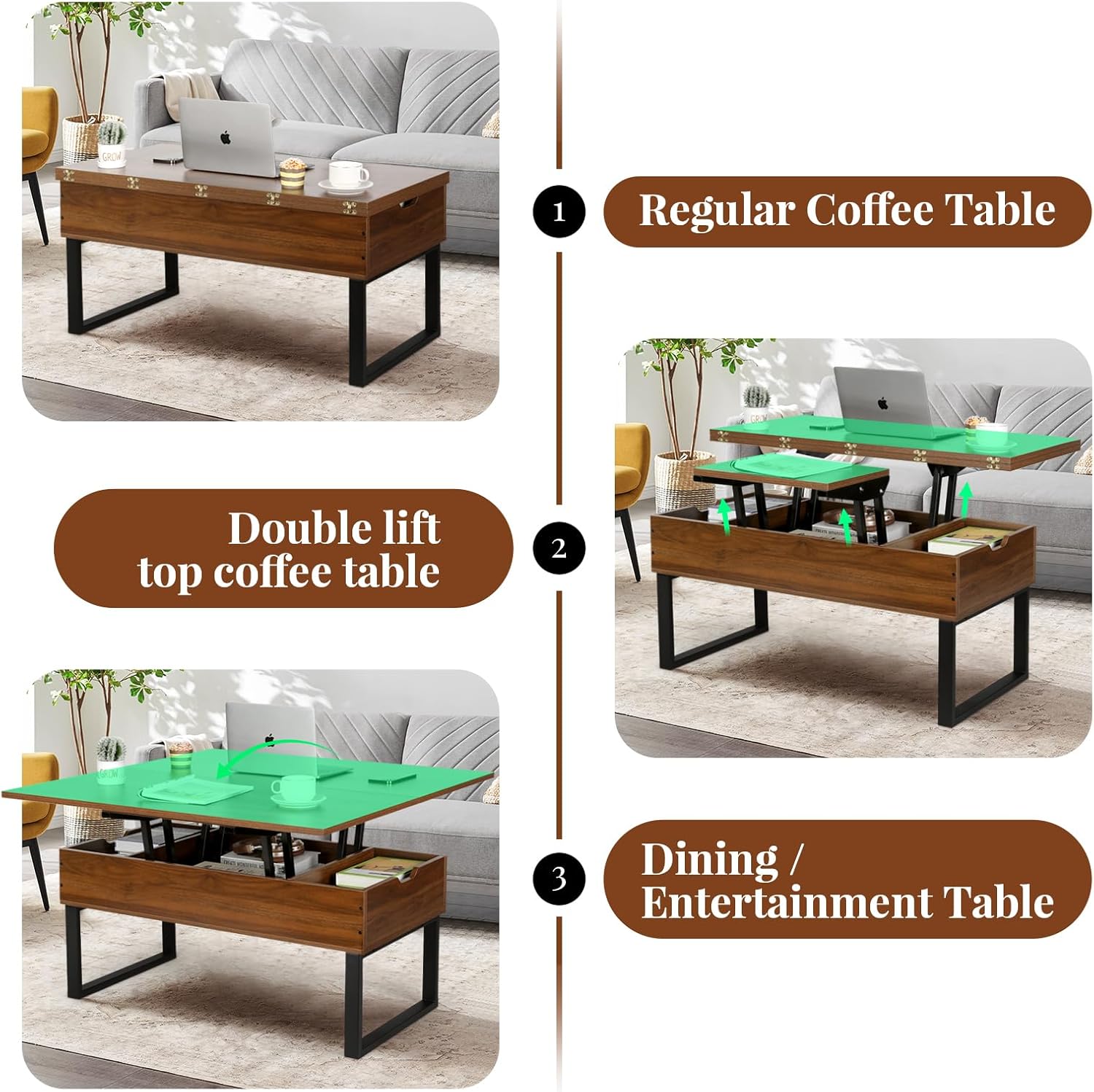 VOWNER Table Basse Relevable, Table de Salon Multifonctionnelle 3 en 1 avec Rangement Caché, Table Basse Convertible Manger de Salon, Couleur Noyer