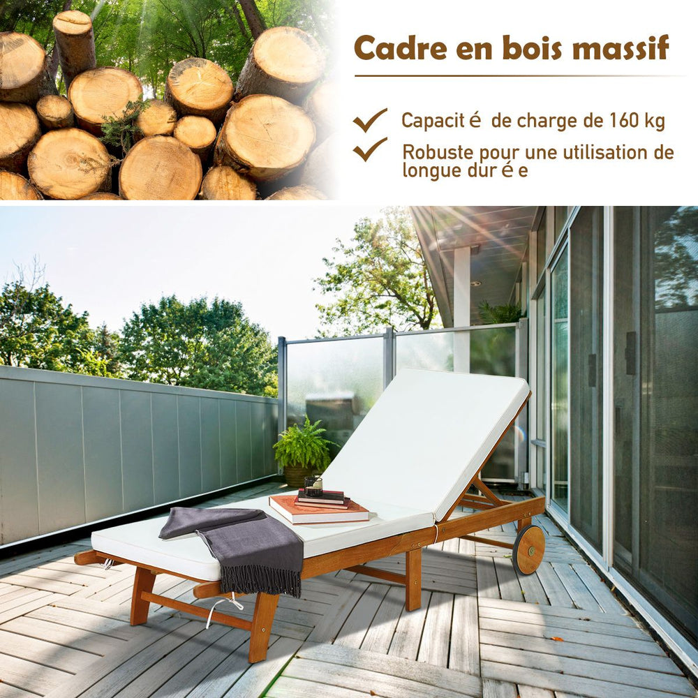Chaise Longue Pliable en Bois avec 2 Roues et un Coussin Amovible Dossier Rglable Capacit Portante 160KG Idal pour L檈xtrieur -