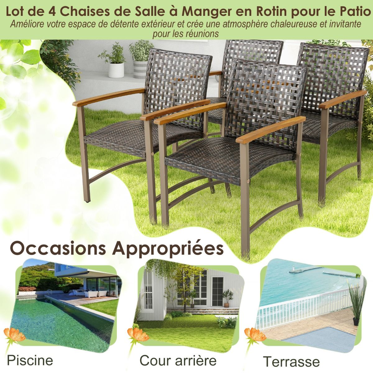 Ensemble de 4 Chaises en Rotin pour l'Extrieur Chaises avec Accoudoirs en Bois d'Acacia Structure Mtallique Robuste Chaises Ergonomiques -