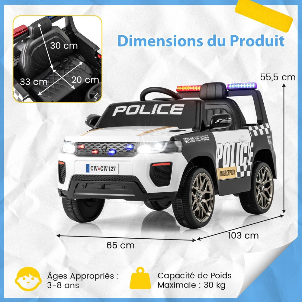 Voiture de Police Electrique Alimente par Batterie 12 V/7 A Tlcommande Connexion Sans Fil Musique Klaxon Sirne Lumires LED Blanc -