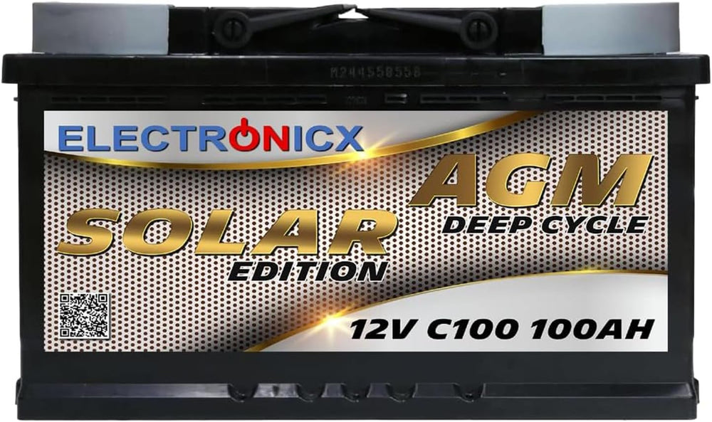 Batterie Solaire AGM 12V 100Ah Décharge Profonde sans Entretien pour Camping-Car, Voiture, Bateau, Jardin et Systèmes Solaires Autonomes Batterie Énergie Electronicx Solar Edition