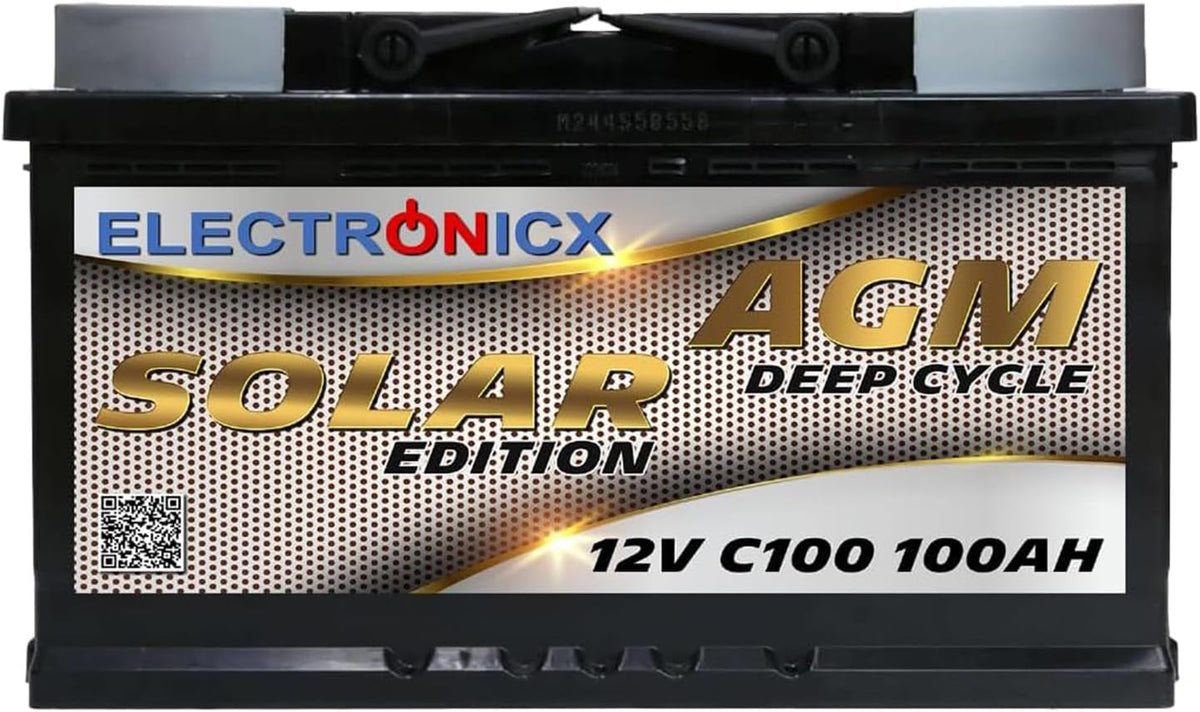 Batterie Solaire AGM 12V 100Ah Décharge Profonde sans Entretien pour Camping-Car, Voiture, Bateau, Jardin et Systèmes Solaires Autonomes Batterie Énergie Electronicx Solar Edition