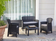 Dmora - Set salon d'extérieur Ostuni, Salon de jardin composé de 2 fauteuils, 1 canapé et 1 table basse, salon effet rotin avec coussins, 100% Made in Italy, Anthracite