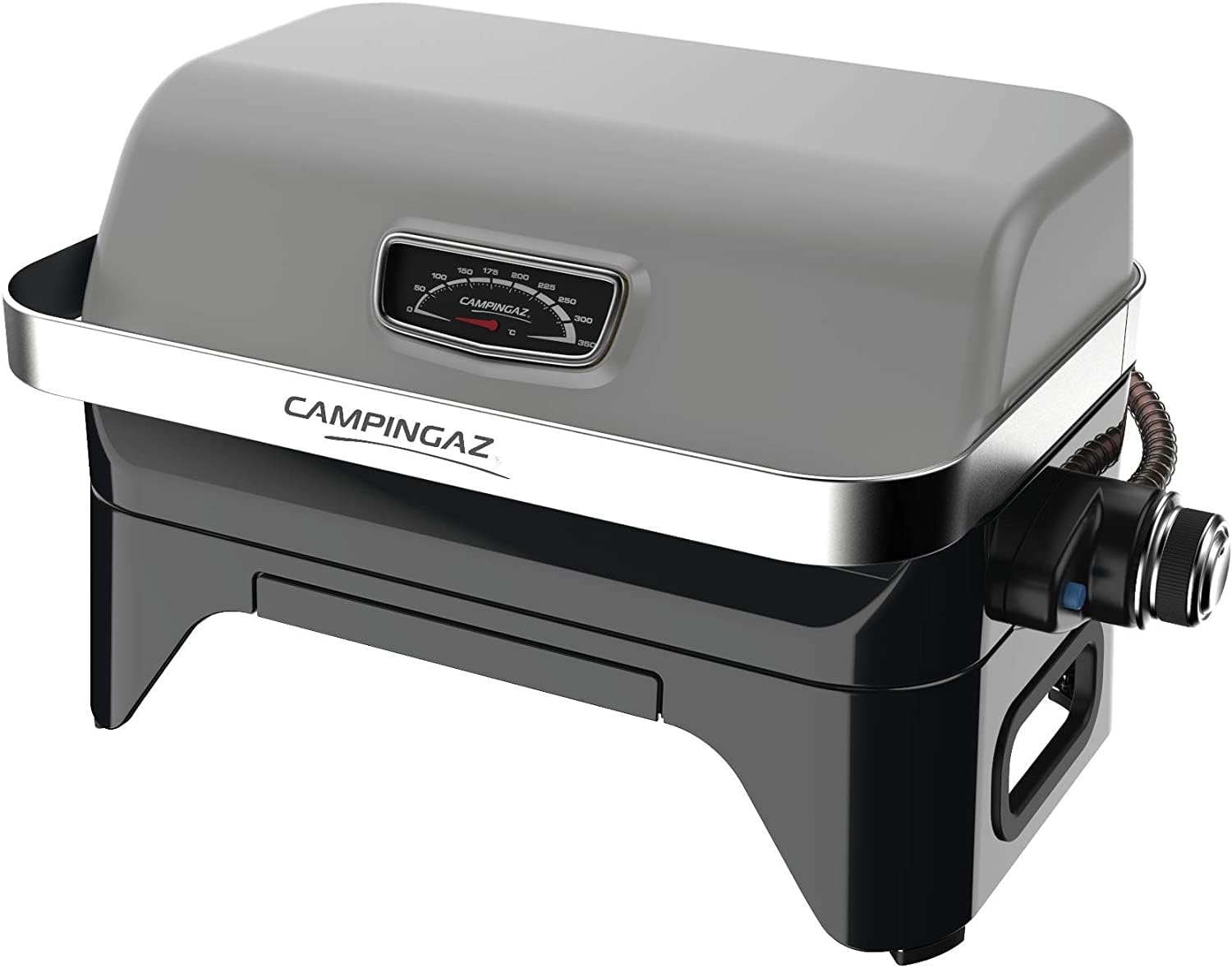 Attitude2go,Barbecue de Table à Faible fumée,BBQ Portable,à Couvercle,thermomètre,et Grille en Fonte,Alimentation : Cartouche de gaz CV 470 Plus,Gris