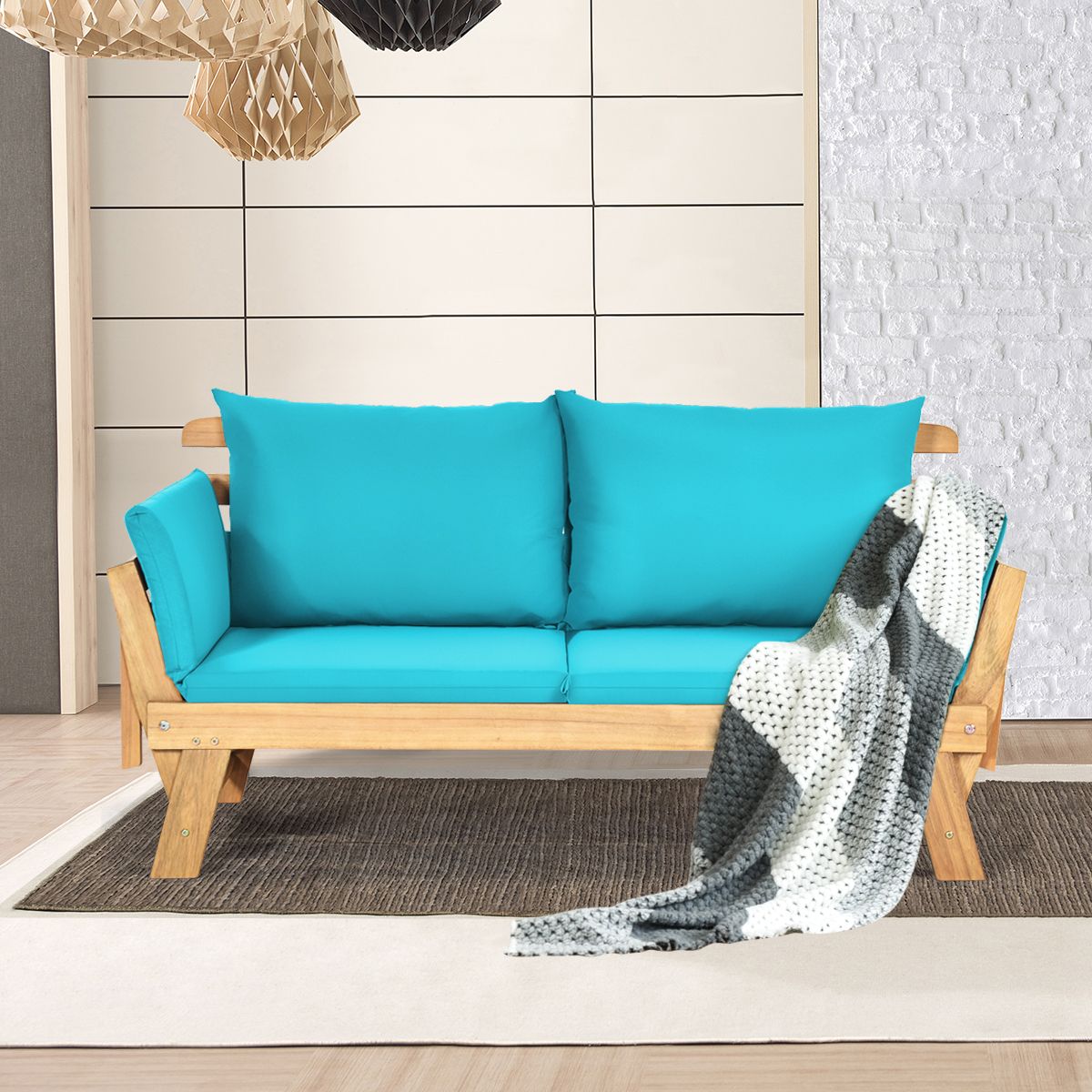 Chaise Longue Convertible avec Coussin Canapé de Jardin 2 en 1 en Bois d’Acacia avec Accoudoir Réglable pour Patio Piscine Jardin Blanc/Gris/Bleu/Rouge -