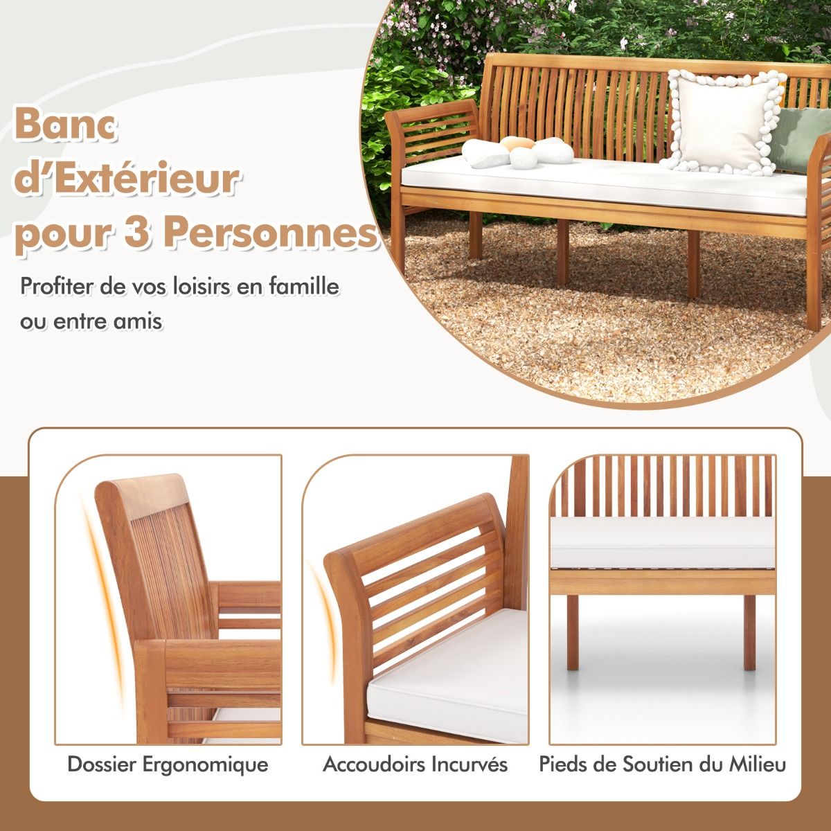 Banc de Terrasse en Bois 3 Places Banc en Acacia de 159 cm de Long avec Coussins d'Assise Doux Dossier et Accoudoirs Ergonomiques Blanc -