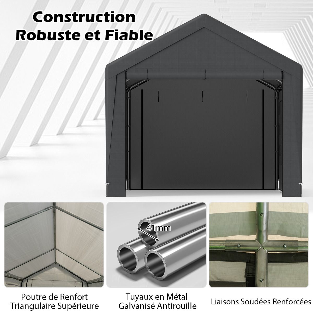 Abri de Voiture 595 x 300 cm Extérieur Tente de Garage avec 8 Parois Latérales Amovibles Portes Enroulables Fenêtres Ventilées Gris -