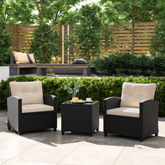 Ensemble de Meubles 3 Pièces de Patio en Rotin Charge 180KG Salon de Jardin 2 Fauteuils Table Basse avec Plateau Noir/Beige/Blanc -