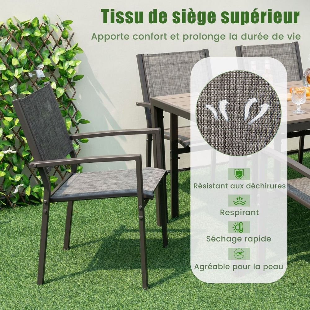 Ensemble de Meubles de Patio 7 Pièces pour 6 Personnes Salon de Jardin avec 6 Chaises Empilables et Table Rectangulaire Gris -