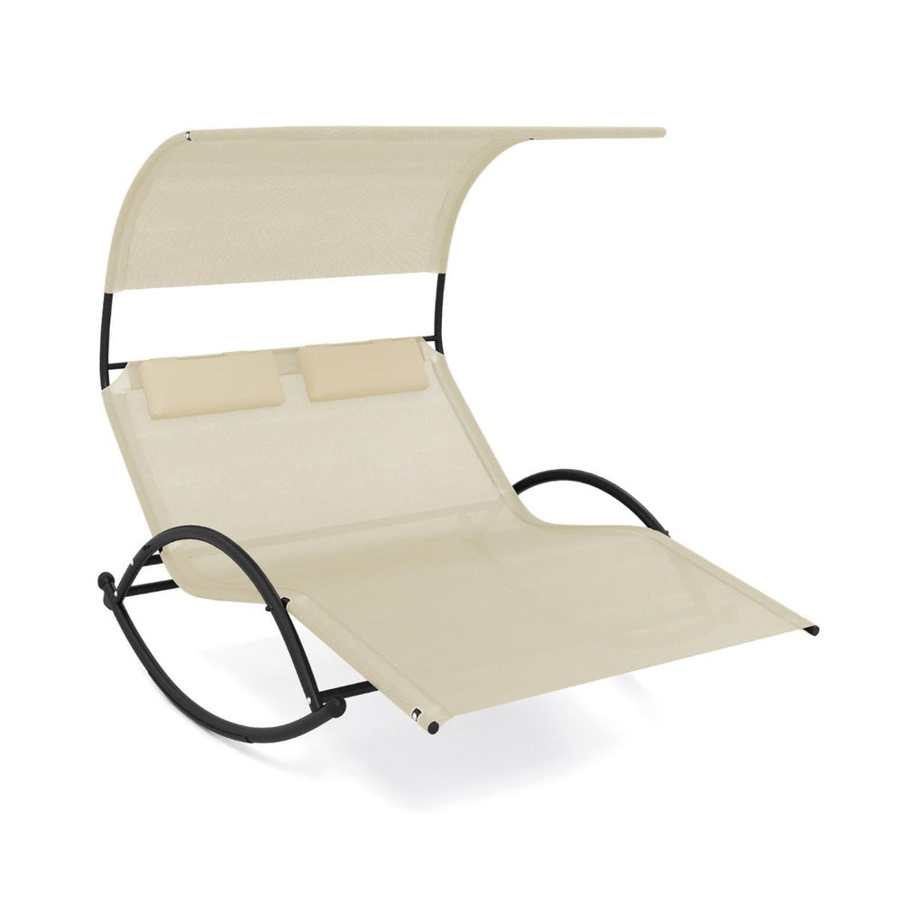 Chaise Longue Double Chaise  Bascule pour 2 Personnes 2 Appui-T锚tes Amovibles Cadre en Mtal Robuste Lit de Repos Ergonomique 2 Places Gris/Noir/Beige -