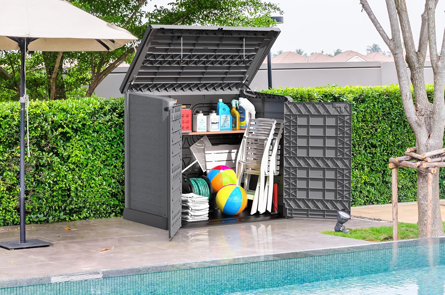 Duramax StoreAway 1200L Plastic Garden Shed/ Flat Lid,Outdoor Storage Shed,Wheelie Bin Hideaways,Wheelie bin box,Durable Construction,Ideal for Bikes,BBQs & 2x 240L Bins,145x85x125 cm,Brown