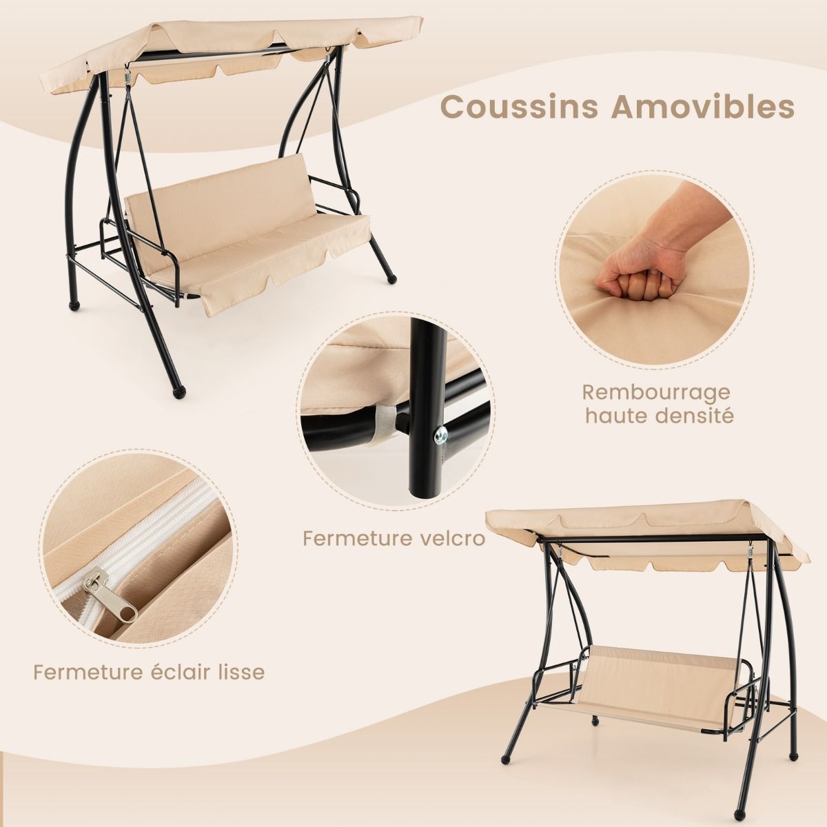 Balancelle d'Extrieur Convertible 2 Places avec Lit Plat Hamac de Terrasse avec Auvent Rglable et Coussin Amovible Pour Jardin -