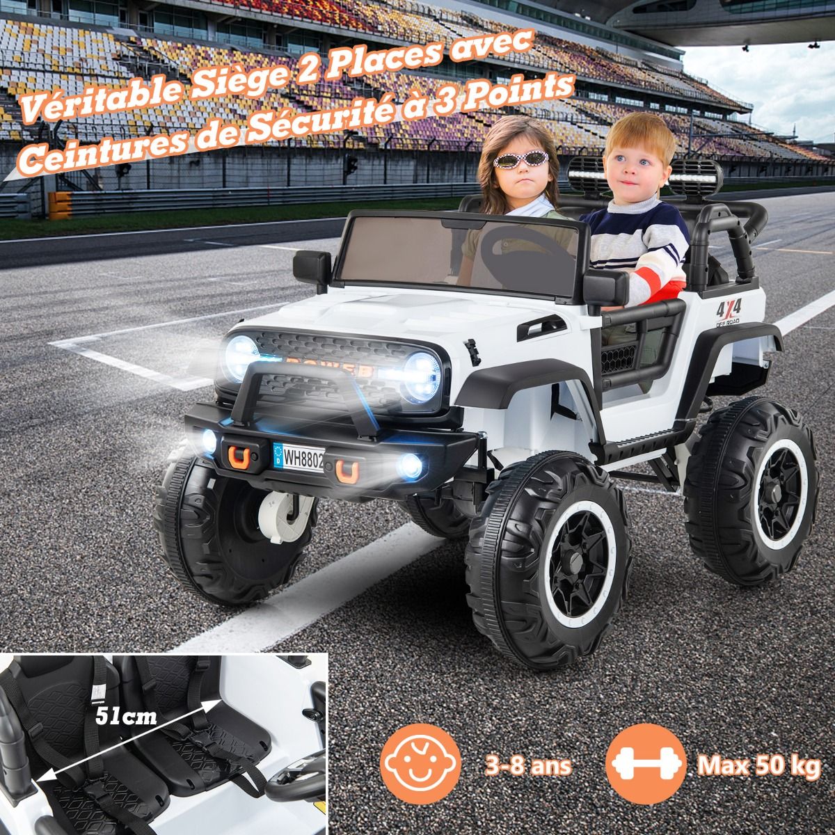 Voiture lectrique 24v pour Enfants 2 Places Tlcommande Musique Histoire Klaxon Usb Fonction de Dmarrage Lent Suspensions  Ressort Blanc/Noir/Rose/Violet -