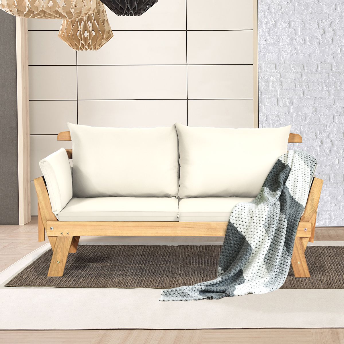 Chaise Longue Convertible avec Coussin Canapé de Jardin 2 en 1 en Bois d’Acacia avec Accoudoir Réglable pour Patio Piscine Jardin Blanc/Gris/Bleu/Rouge -