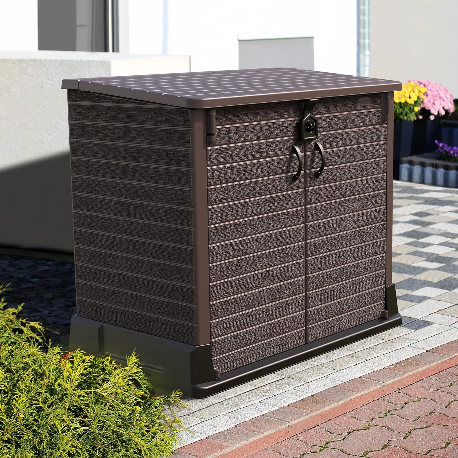 Duramax StoreAway 1200L Plastic Garden Shed/ Flat Lid,Outdoor Storage Shed,Wheelie Bin Hideaways,Wheelie bin box,Durable Construction,Ideal for Bikes,BBQs & 2x 240L Bins,145x85x125 cm,Brown