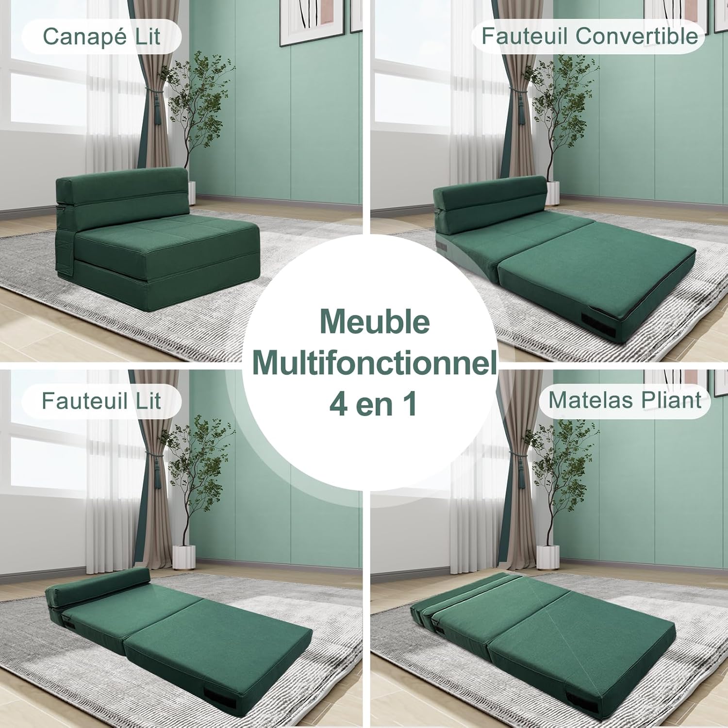 ANONER Canapé de Sol Convertible Canapé Convertible 1 Place, Canape Lit 1 Place en Mousse à Mémoire de Forme & Oreiller, Matelas Pliant Sofa pour Chambre Salon, Vert Foncé