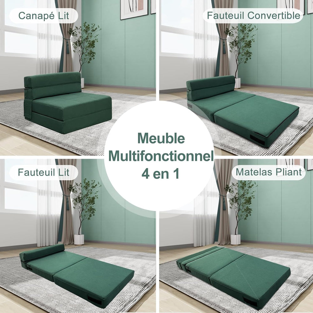 ANONER Canapé de Sol Convertible Canapé Convertible 1 Place, Canape Lit 1 Place en Mousse à Mémoire de Forme & Oreiller, Matelas Pliant Sofa pour Chambre Salon, Vert Foncé