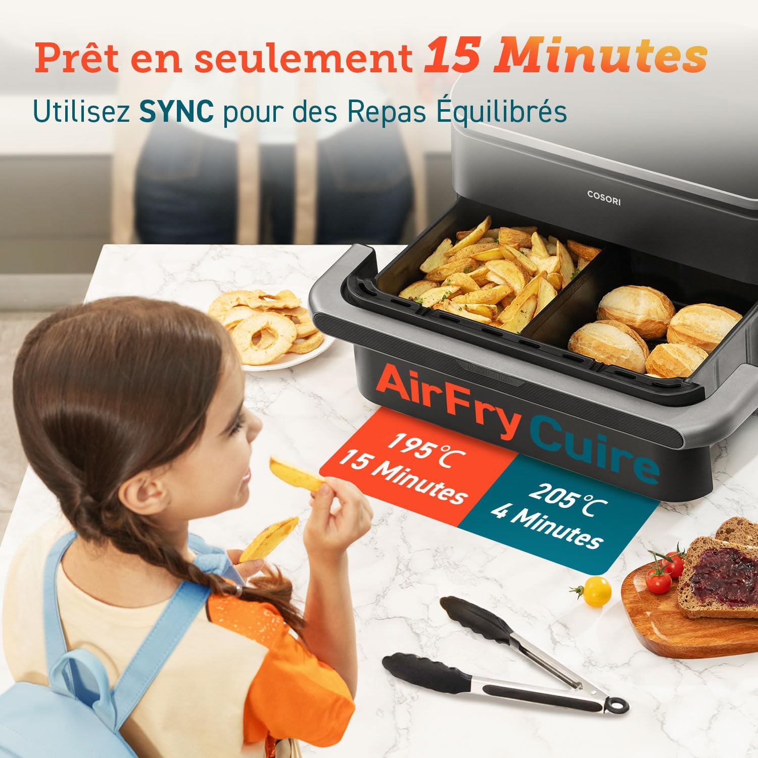COSORI Air Fryer 10L Twinfry,Dual Zone Avec Sparateur Amovible,Capacit Flexible de 10L,Friteuse sans Huile 6-en-1,35鈩240鈩66% d'nergie en Moins,Livre de Recettes et Application