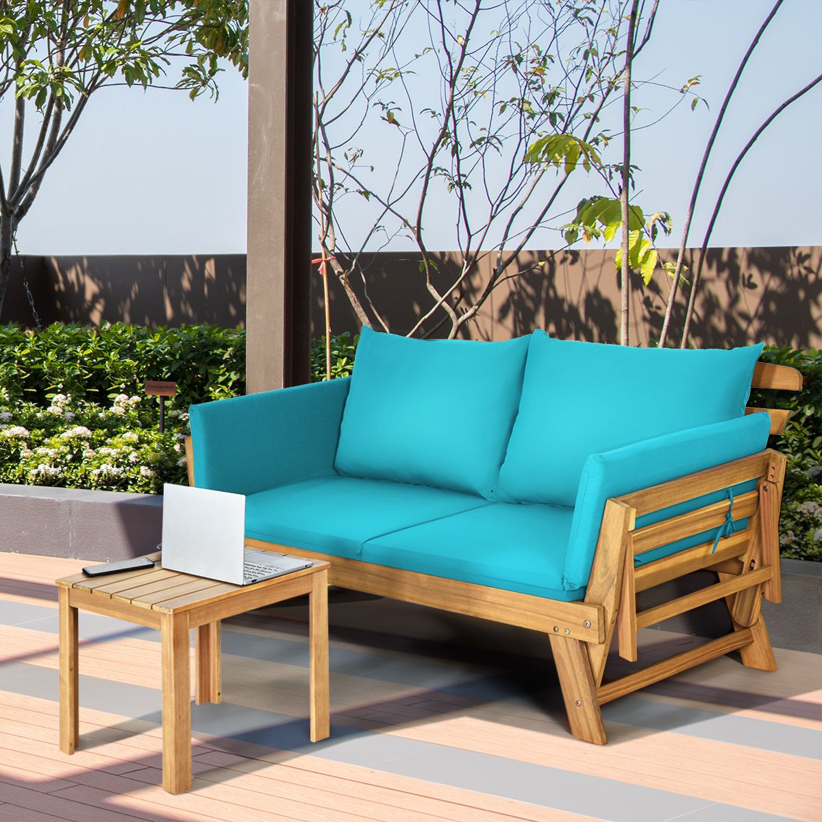 Chaise Longue Convertible avec Coussin Canapé de Jardin 2 en 1 en Bois d’Acacia avec Accoudoir Réglable pour Patio Piscine Jardin Blanc/Gris/Bleu/Rouge -