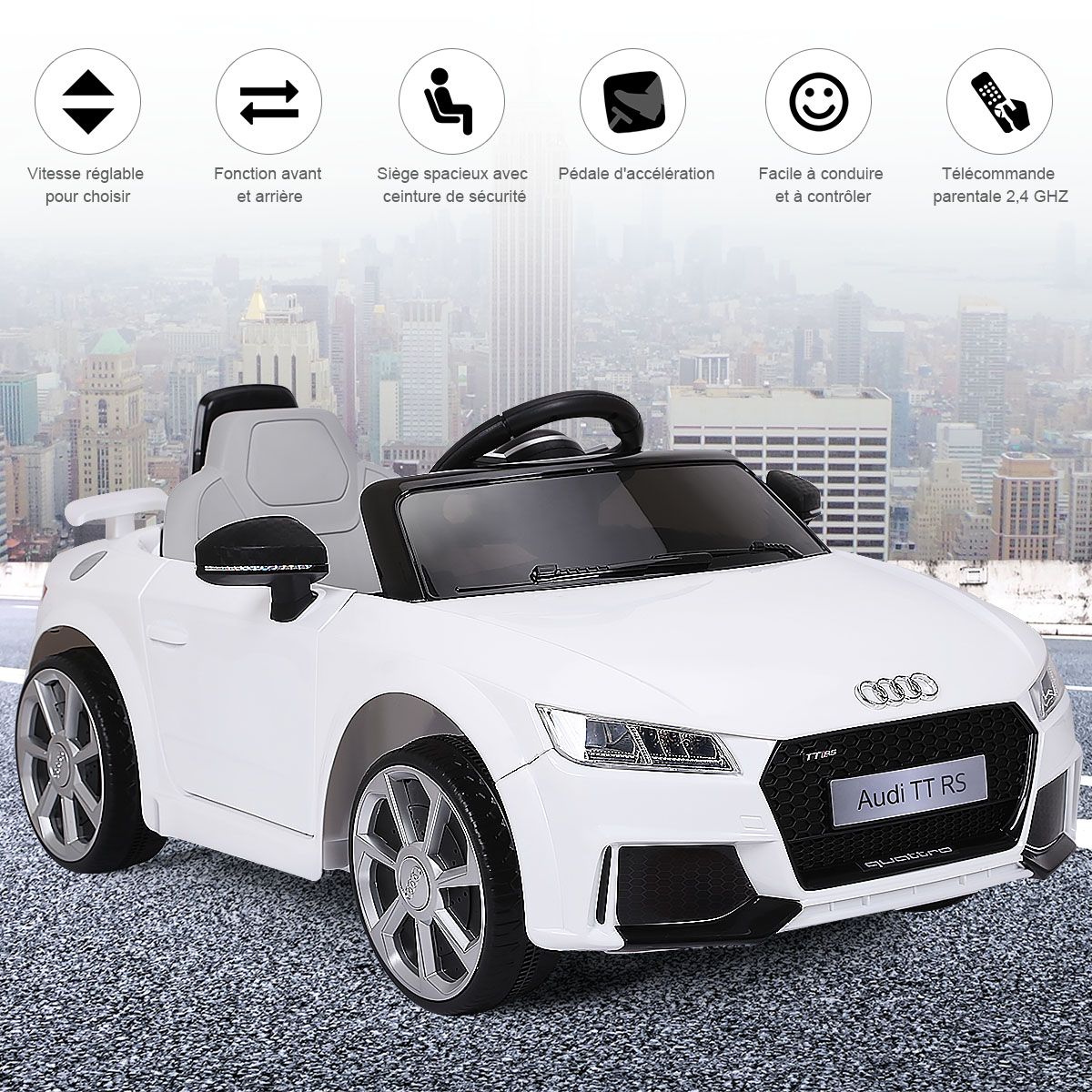 Voiture TTRS Electrique pour Enfants 12V Max. 5 Km/h Double Porte avec Télécommande 2.4G Blanc/Rouge -
