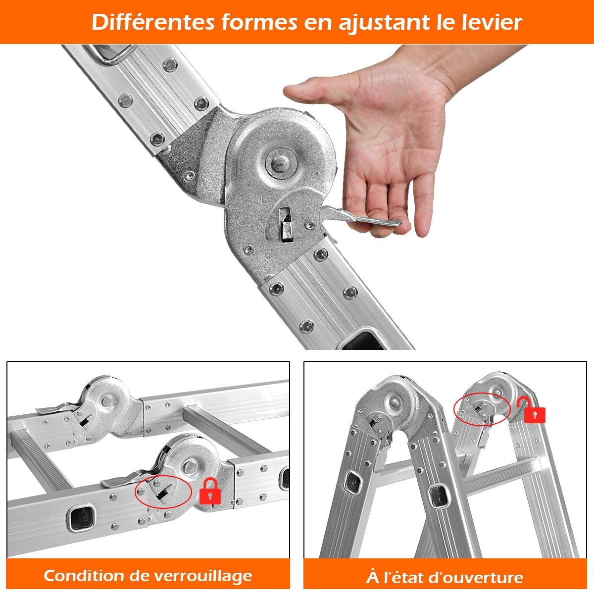 Échelle Polyvalente 5 en 1 avec 2 Montants 4 Plis 15 Echelons Pliable et Multifonction Capacité 150kg en Aluminium -