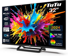 TuTu Téléviseurs 32 Pouces (80 cm) LED Central Pied TV HD Ready Triple Tuner (DVB-C / T2 / S2) HDMI x2 CI+ Lecteur multimédia USB 2.0 Mode hôtel Dolby Audio 2024